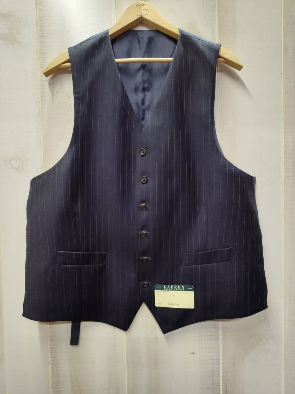 Lauren Ralph Lauren Wool Suit Vest Navy Pinstripe, 42 Reg 36W 5 button Waistcoat